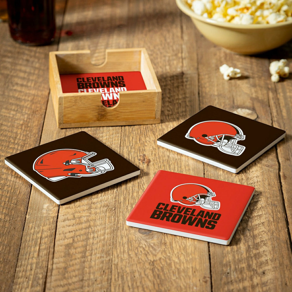 Cleveland Browns Ceramic Coasters Set, 4pcs with Wood Caddy, NFL