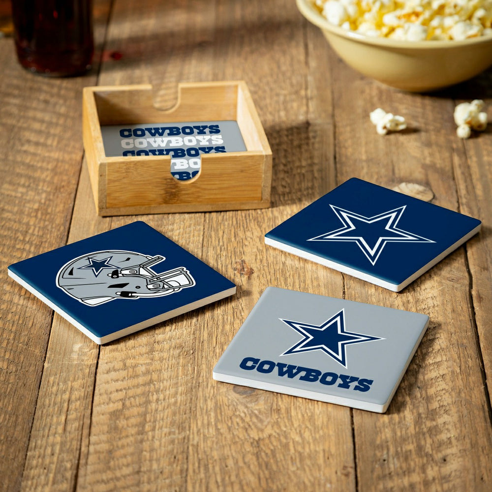 Dallas Cowboys Ceramic Coasters Set, 4pcs with Wood Caddy, NFL