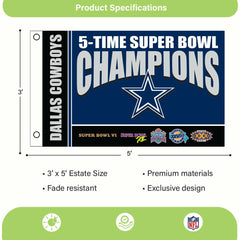 Dallas Cowboys 5X Superbowl Champions Football 3x5 Flag, NFL, Home