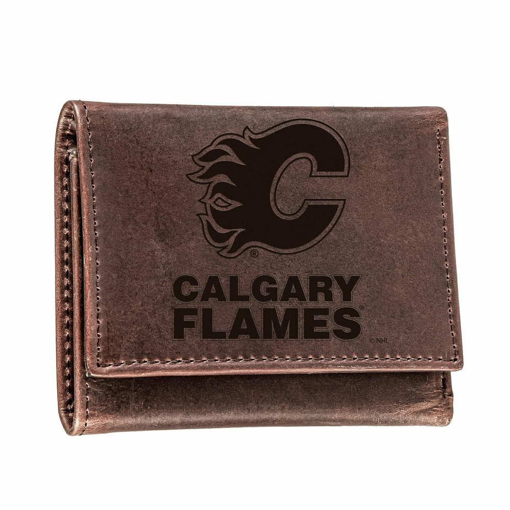 Calgary Flames, Tri-Fold Wallet, Brown, CH, 100% Genuine Leather, NHL, Home