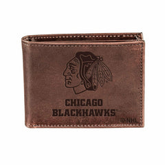 Chicago Blackhawks, Bi-Fold Wallet, Brown, CH, 100% Genuine Leather, NHL, Home