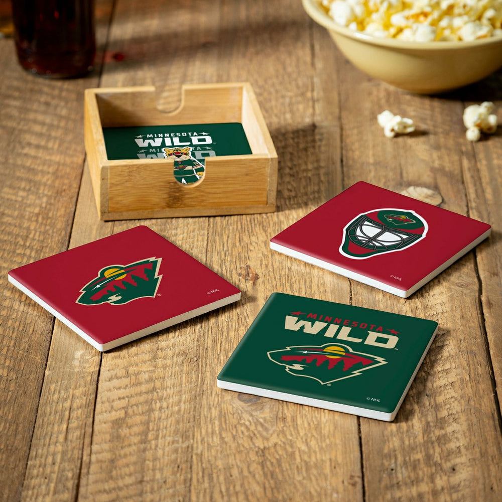 Minnesota Wild Ceramic Coasters Set, 4pcs with Wood Caddy, NHL, Home