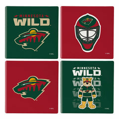 Minnesota Wild Ceramic Coasters Set, 4pcs with Wood Caddy, NHL, Home