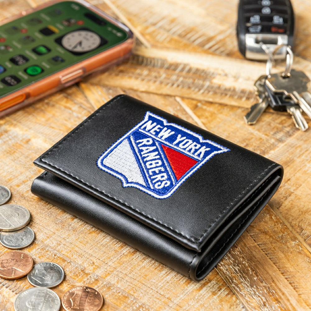 New York Rangers Black Tri-Fold Embroidered Wallet w/ RFID Blocking, NHL, Home