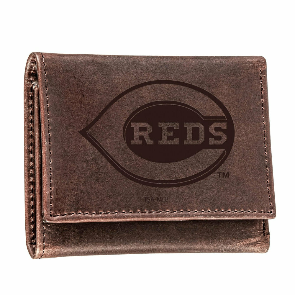 Cincinnati Reds Tri-Fold Wallet Brown 100% Genuine Leather, MLB, Home