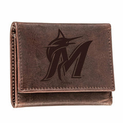 Miami Marlins Tri-Fold Wallet Brown 100% Genuine Leather, MLB, Home