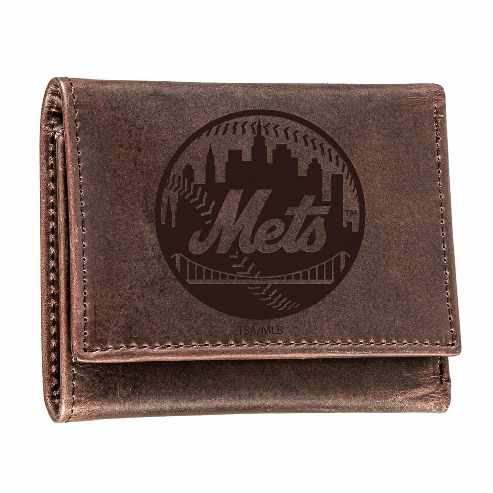 New York Mets Tri-Fold Wallet Brown 100% Genuine Leather, MLB, Home