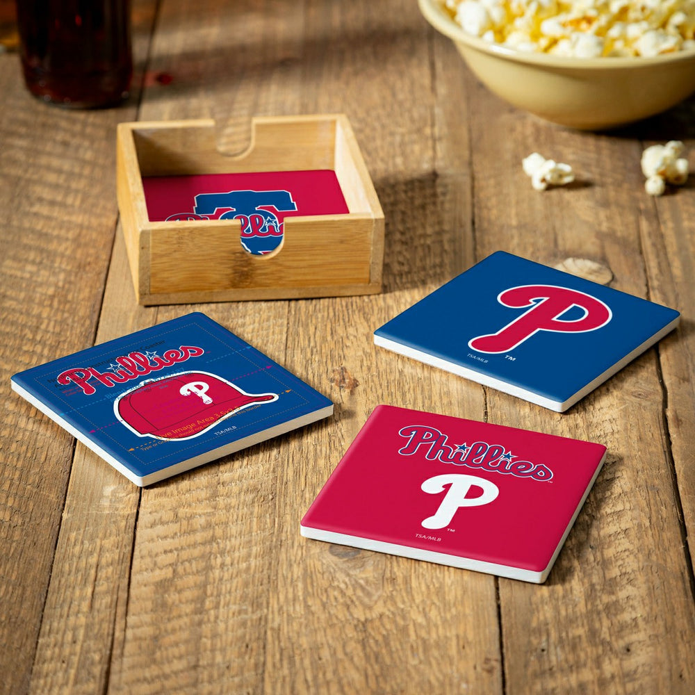 Philadelphia Phillies Ceramic Coasters Set, 4pcs with Wood Caddy, MLB, Home