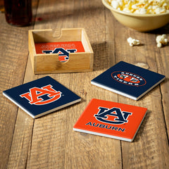 Auburn University Ceramic Coasters Set, 4pcs with Wood Caddy, Collegiate, Home