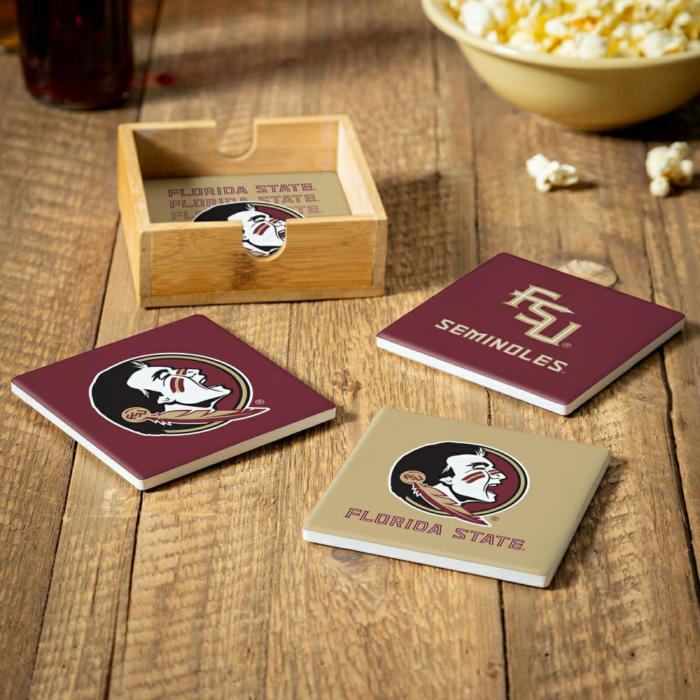 Florida State University Ceramic Coasters Set, 4pcs with Wood Caddy, Collegiate, Home