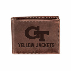 Georgia Tech, Bi-Fold Wallet, Brown, CH, 100% Genuine Leather, Collegiate, Home