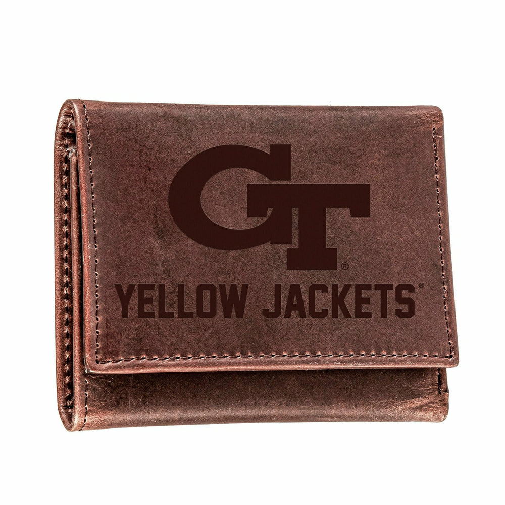 Georgia Tech, Tri-Fold Wallet, Brown, CH, 100% Genuine Leather, Collegiate, Home