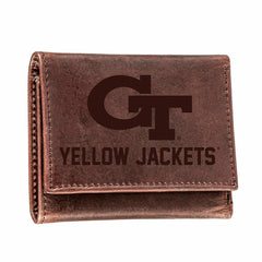 Georgia Tech, Tri-Fold Wallet, Brown, CH, 100% Genuine Leather, Collegiate, Home