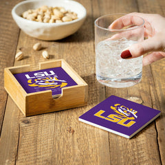Louisiana State University Ceramic Coasters Set, 4pcs with Wood Caddy, Collegiate, Home