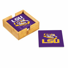 Louisiana State University Ceramic Coasters Set, 4pcs with Wood Caddy, Collegiate, Home