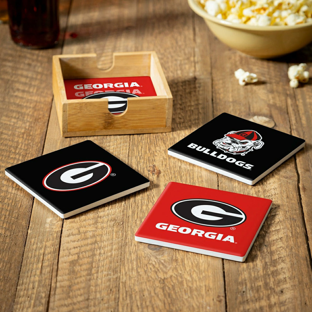 University of Georgia Ceramic Coasters Set, 4pcs with Wood Caddy, Collegiate, Home