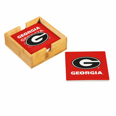 University of Georgia Ceramic Coasters Set, 4pcs with Wood Caddy, Collegiate, Home