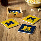 University Of Michigan Ceramic Coasters Set, 4pcs with Wood Caddy, Collegiate, Home