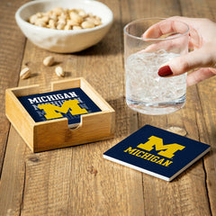 University Of Michigan Ceramic Coasters Set, 4pcs with Wood Caddy, Collegiate, Home