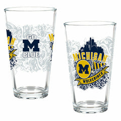 University Of Michigan 16oz Glass pint, Set of 2, Collegiate, Home