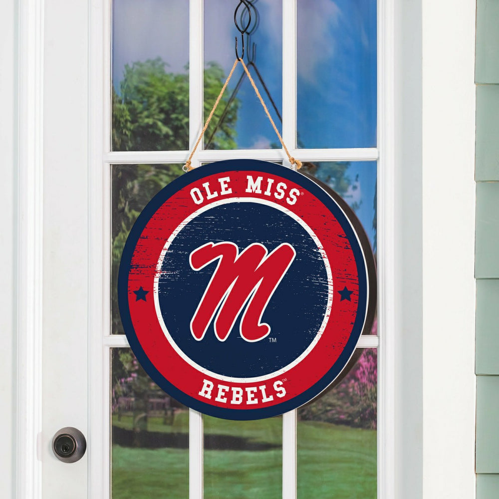 University of Mississippi Round Door Décor with Hanging Rope, 18x18, Collegiate, Home
