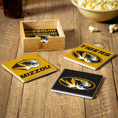University of Missouri Ceramic Coasters Set, 4pcs with Wood Caddy, Collegiate, Home