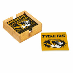 University of Missouri Ceramic Coasters Set, 4pcs with Wood Caddy, Collegiate, Home