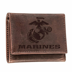 US Marine Corps Brown Tri-Fold Wallet, 100% Genuine Leather, US Military, Home