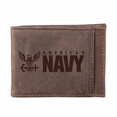 US Navy Brown Front Pocket Wallet with RFID Blocking, 100% Genuine Lea, US Military