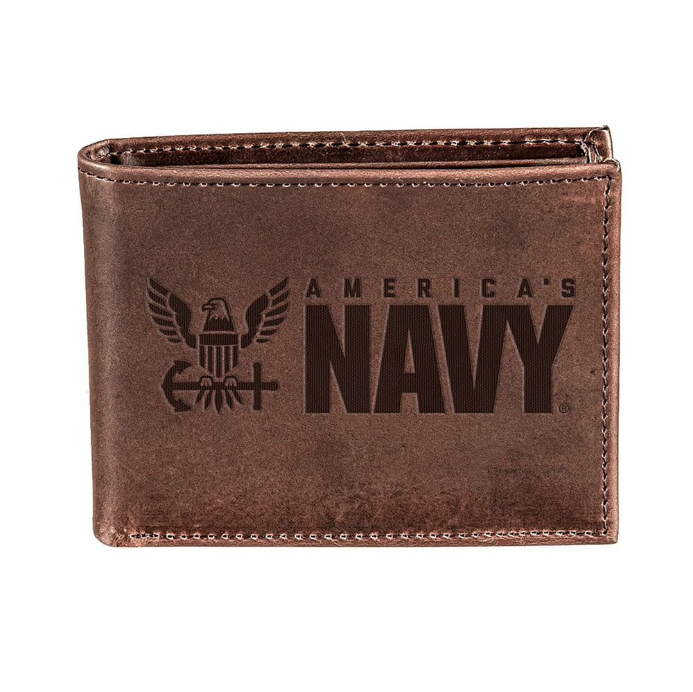 US Navy Brown Bi-Fold Wallet, 100% Genuine Leather, US Military
