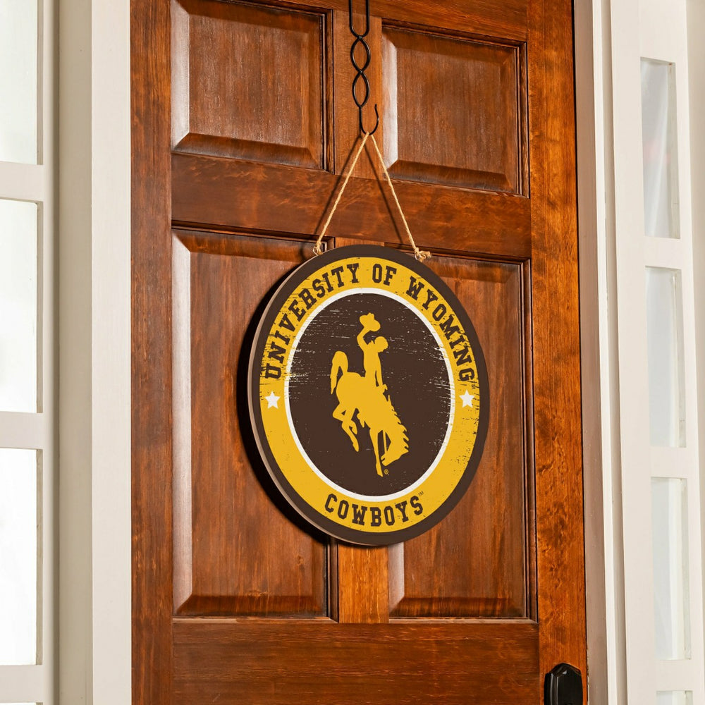 University of Wyoming Round Door Décor with Hanging Rope, 18x18, Home