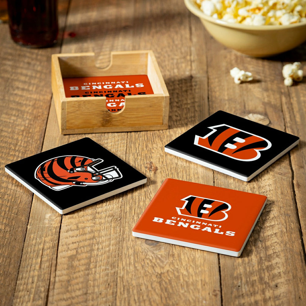 Cincinnati Bengals Ceramic Coasters Set, 4pcs with Wood Caddy, NFL