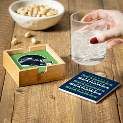 Seattle Seahawks Ceramic Coasters Set, 4pcs with Wood Caddy, NFL
