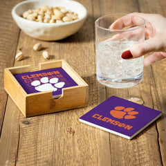 Clemson University Ceramic Coasters Set, 4pcs with Wood Caddy, Collegiate, Home