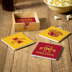 Iowa State University Ceramic Coasters Set, 4pcs with Wood Caddy, Collegiate, Home