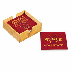 Iowa State University Ceramic Coasters Set, 4pcs with Wood Caddy, Collegiate, Home