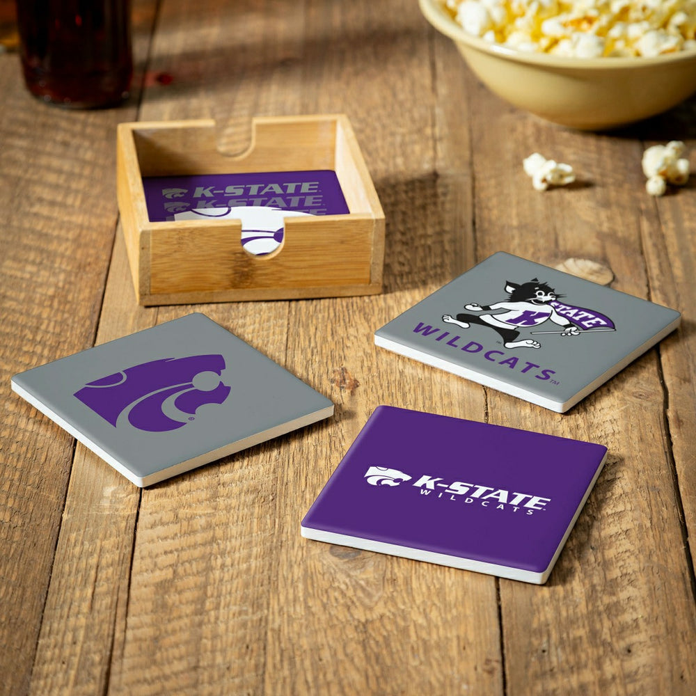 Kansas State University Ceramic Coasters Set, 4pcs with Wood Caddy, Collegiate, Home