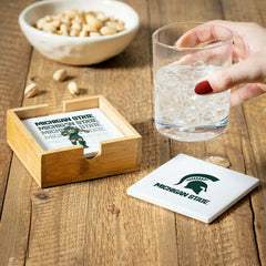 Michigan State University Ceramic Coasters Set, 4pcs with Wood Caddy, Collegiate, Home