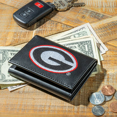 University of Georgia Black Tri-Fold Embroidered Wallet w/ RFID Blocki, Collegiate, Home
