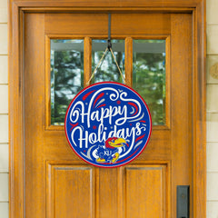 University of Kansas Holiday Round Door Décor with Hanging Rope, 18x18, Collegiate, Home