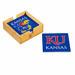 University of Kansas Ceramic Coasters Set, 4pcs with Wood Caddy, Collegiate, Home