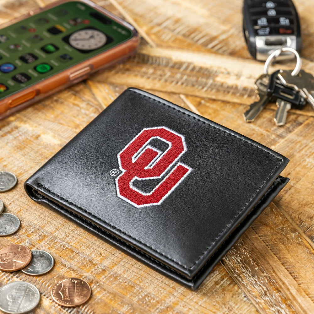 University of Oklahoma Black Bi-Fold Embroidered Wallet w/ RFID Blocking, Collegiate, Home