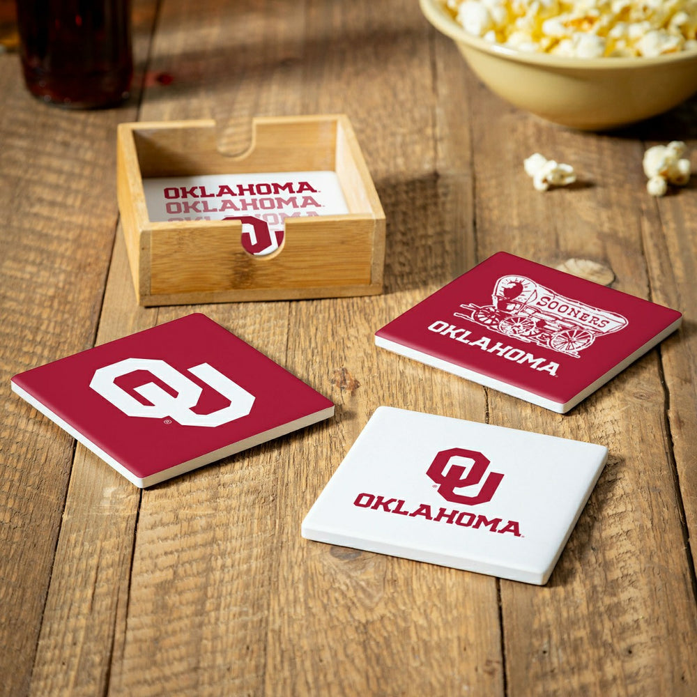 University of Oklahoma Ceramic Coasters Set, 4pcs with Wood Caddy, Collegiate, Home