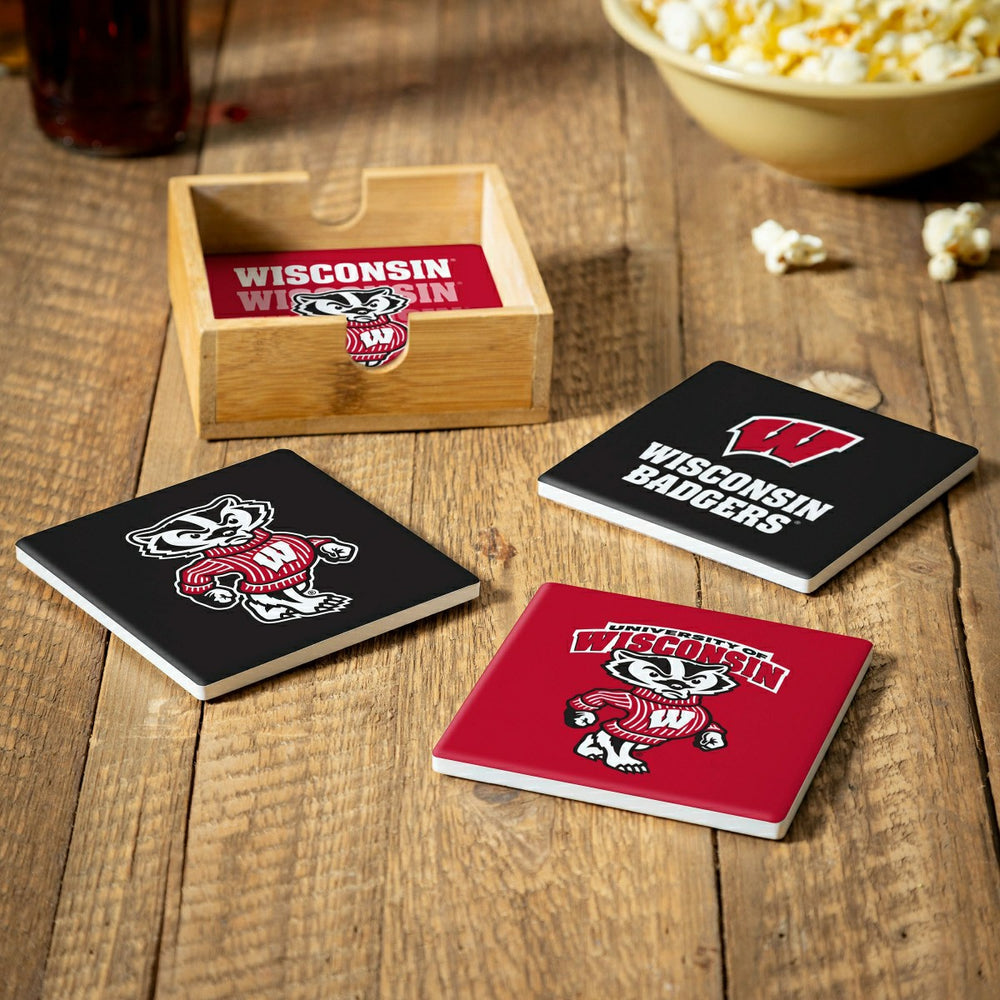 University of Wisconsin-Madison Ceramic Coasters Set, 4pcs with Wood C, Collegiate, Home
