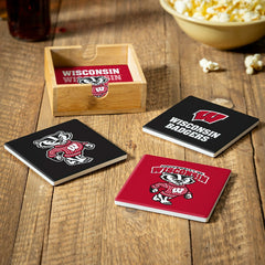 University of Wisconsin-Madison Ceramic Coasters Set, 4pcs with Wood C, Collegiate, Home