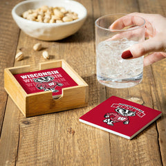 University of Wisconsin-Madison Ceramic Coasters Set, 4pcs with Wood C, Collegiate, Home