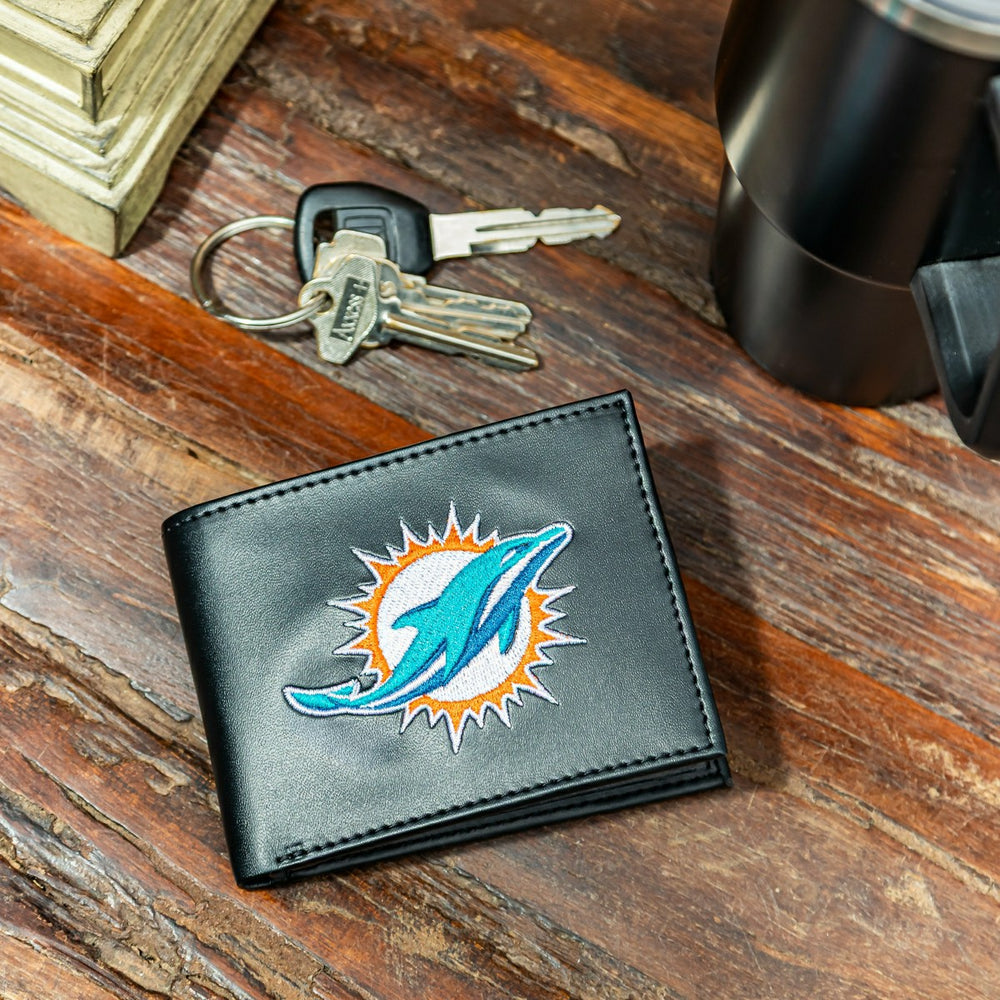 Miami Dolphins Black Bi-Fold Embroidered Wallet w/ RFID Blocking, NFL, Home