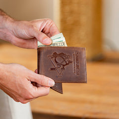 Pittsburgh Penguins, Bi-Fold Wallet, Brown, CH, 100% Genuine Leather, NHL, Home