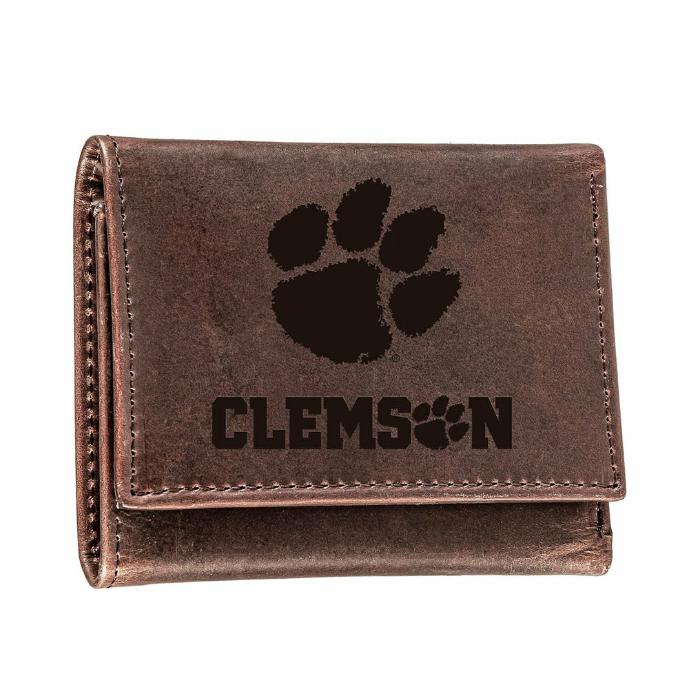 Clemson University, Tri-Fold Wallet, Brown, CH, 100% Genuine Leather, Collegiate, Home