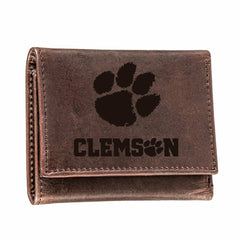 Clemson University, Tri-Fold Wallet, Brown, CH, 100% Genuine Leather, Collegiate, Home